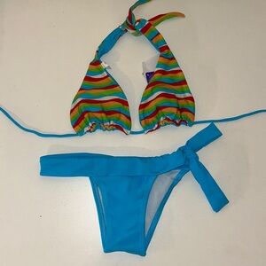 Recco Size Small Brazilian Striped and Teal Bikini Set. New With Tags